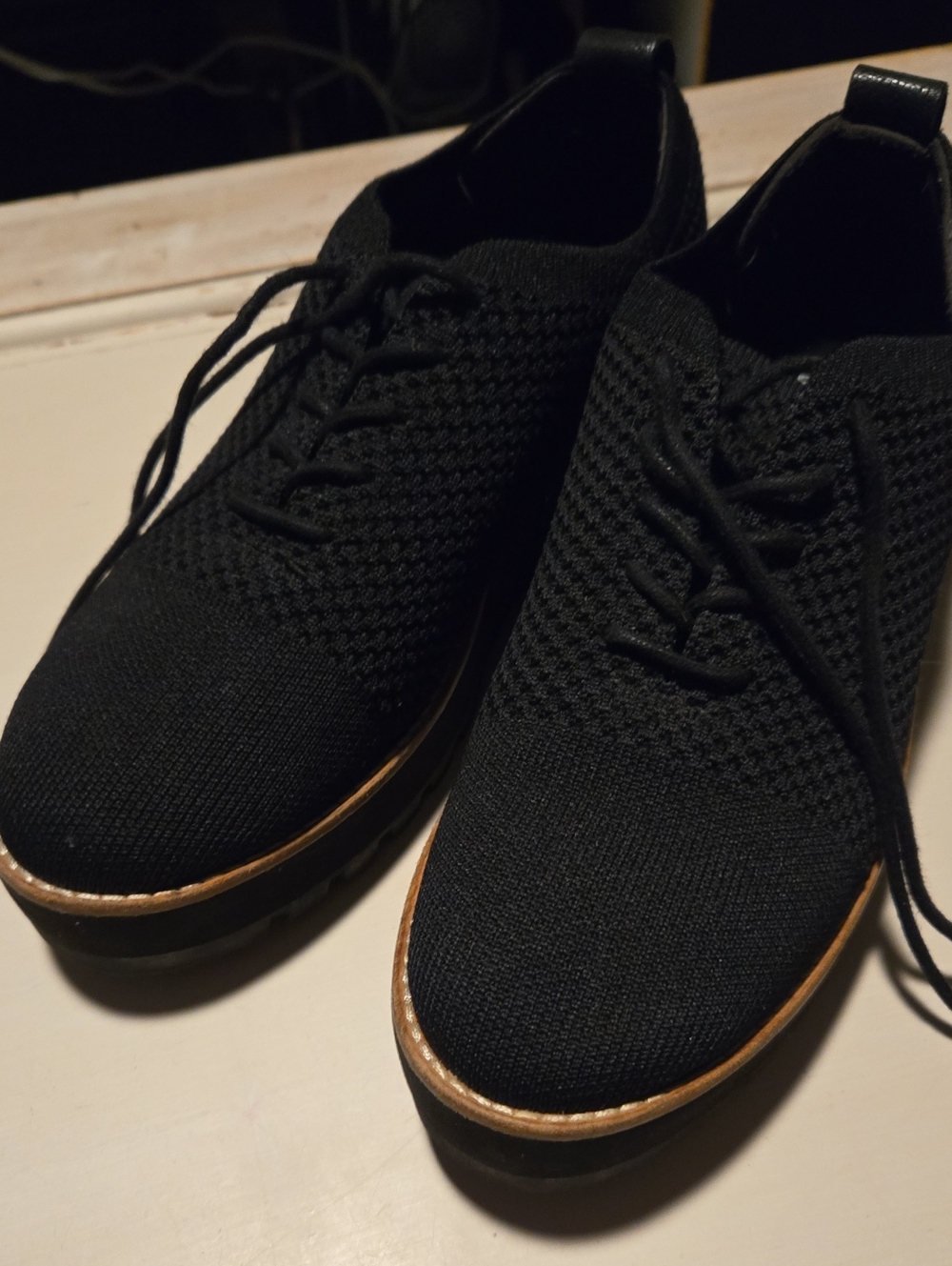 Eileen Fisher Black Knit Lace-Up Derby with Brown Trim